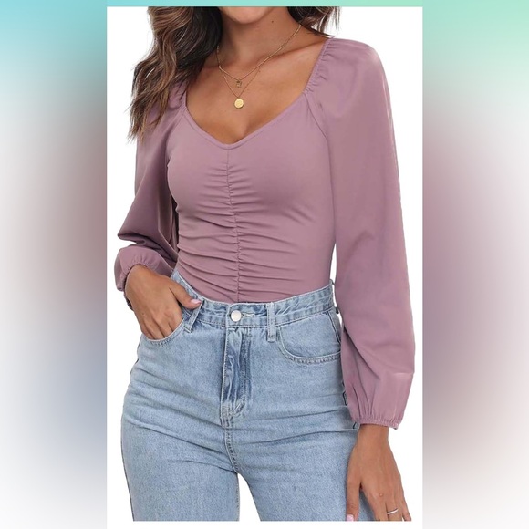 Womens Sexy Sweetheart V Neck Bodysuit Tops Long Sleeve Ruched Body Suits - Picture 1 of 5